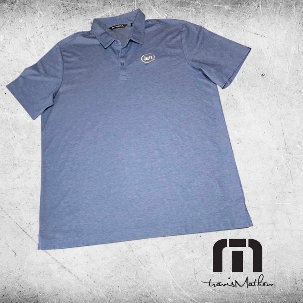 Travis Mathew‎ Polo Shirt Mens Serta Logo Heathered Blue XXL